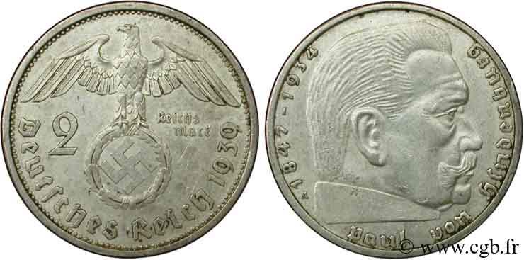 ALLEMAGNE 2 Reichsmark aigle surmontant une swastika / Maréchal Paul von Hindenburg 1939 Berlin TTB 