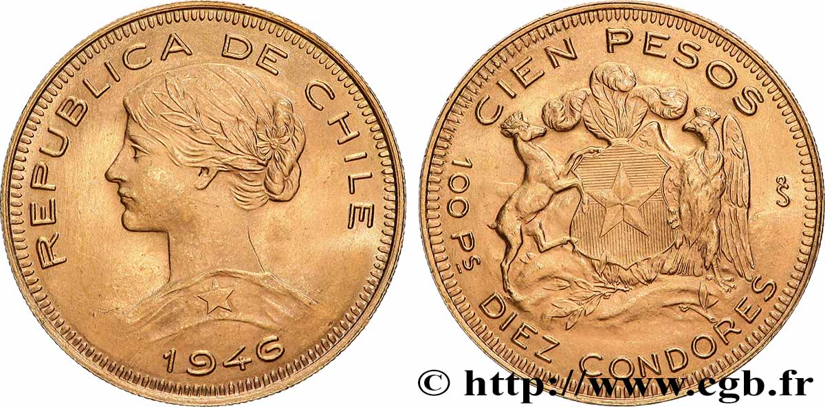 CHILE 100 Pesos ou 10 Condores, 2e type 1946 Santiago AU