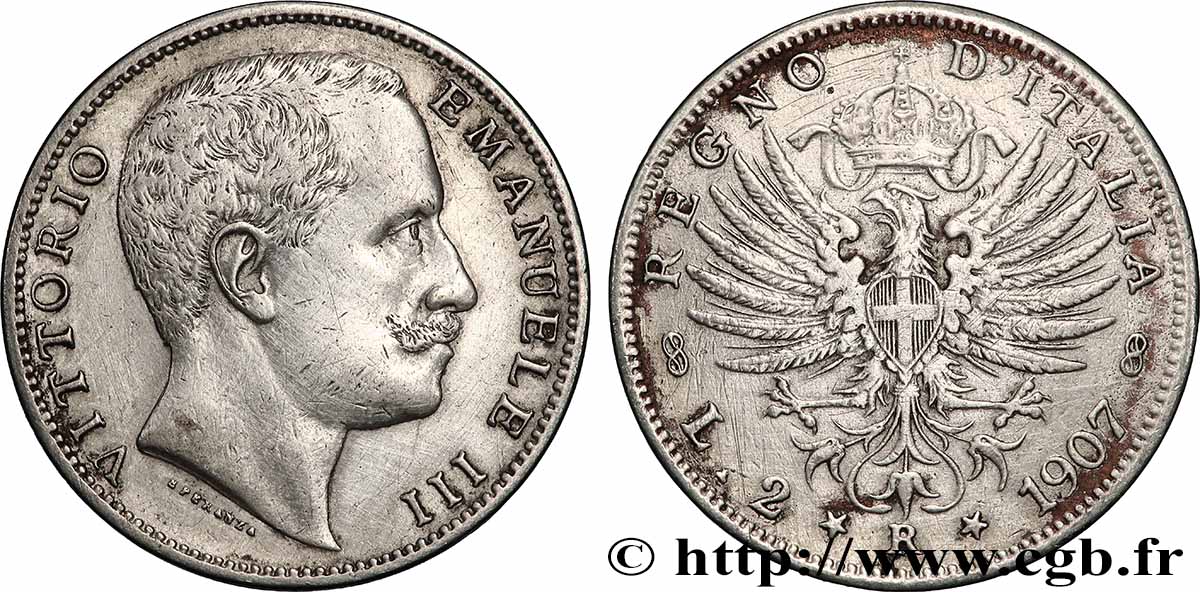 ITALIA 2 Lire Victor Emmanuel III 1907 Rome BC+