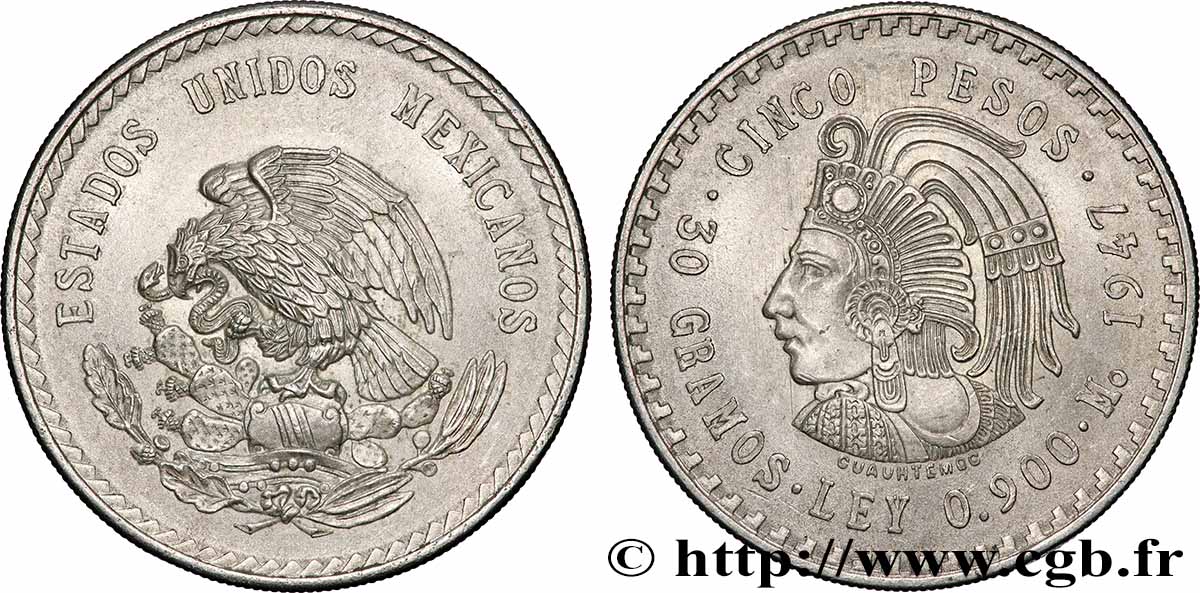 MESSICO 5 Pesos Cuauhtemoc 1947 Mexico SPL