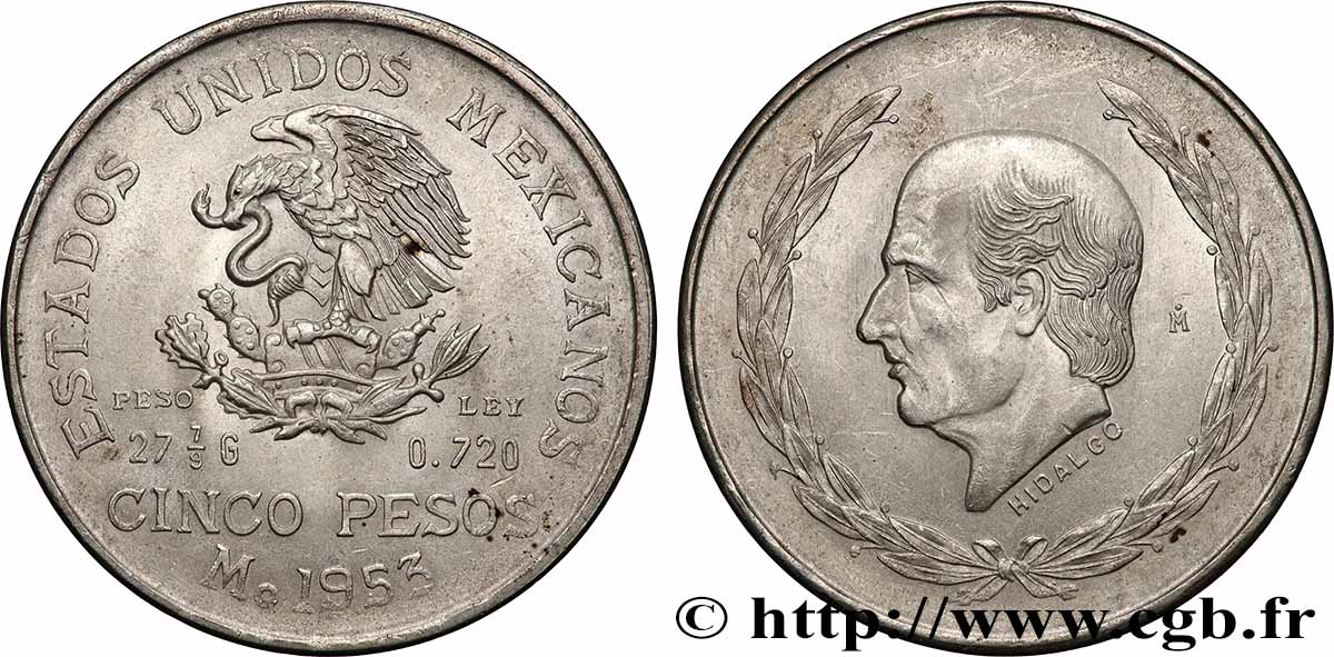 MEXIQUE 5 Pesos Bicentenaire de la naissance d’Hidalgo 1953 Mexico TTB+