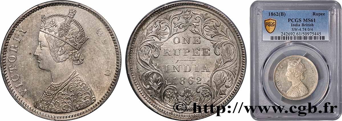 BRITISH INDIA 1 Roupie Victoria 1862 Bombay MS61 PCGS