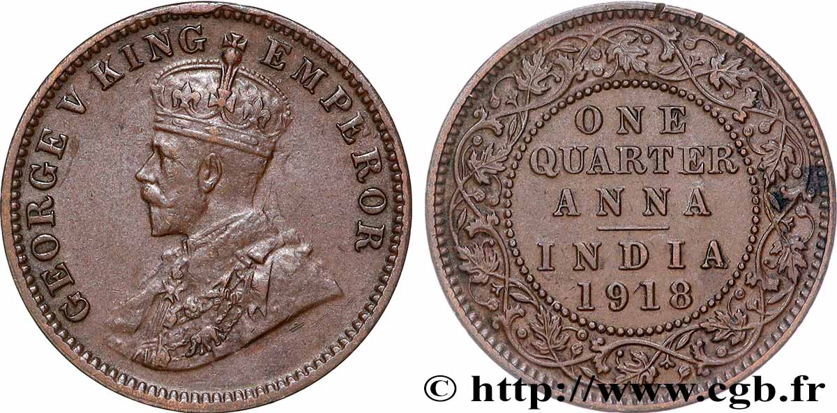BRITISH INDIA 1/4 Anna Georges V 1918 Calcutta AU