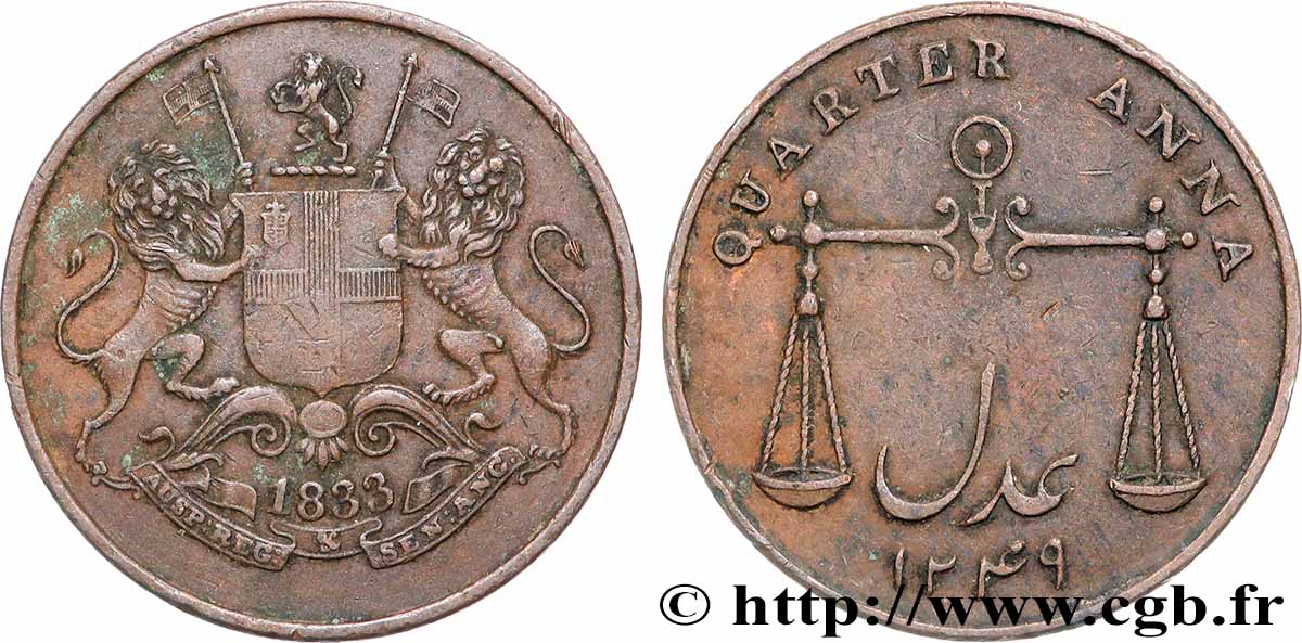 BRITISH INDIA 1/4 Anna East India Company Présidence de Bombay AH 1249 1833 Bombay XF