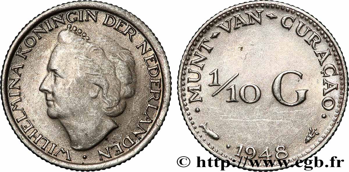 CURACAO 1/10 Gulden reine Wilhelmina 1948 Utrecht AU