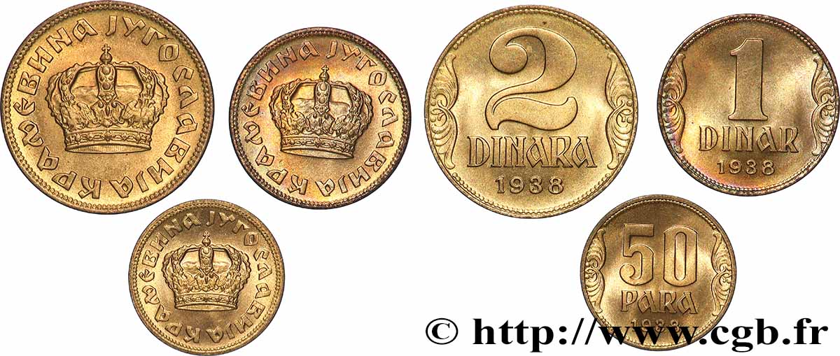 YUGOSLAVIA Lot 50 Para, 1 Dinar et 2 Dinara couronne 1938 SPL
