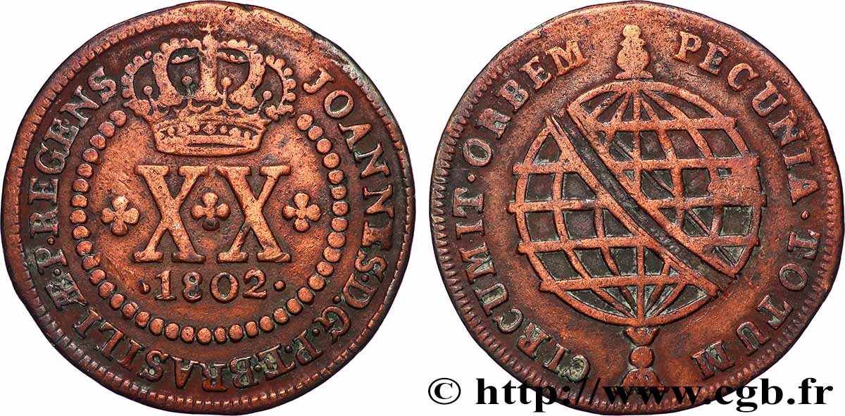 BRAZIL 20 Réis Jean (Joao) prince régent 1802 Lisbonne VF