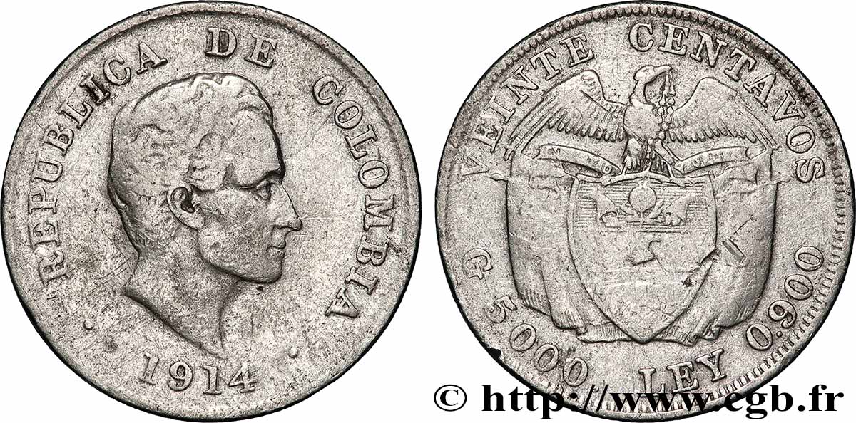 COLOMBIA 20 Centavos Simon Bolivar 1914 Birmingham BC
