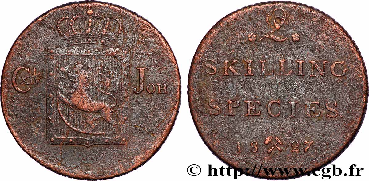 NORWAY 2 Skilling Charles XIV 1827 Kongsberg VF