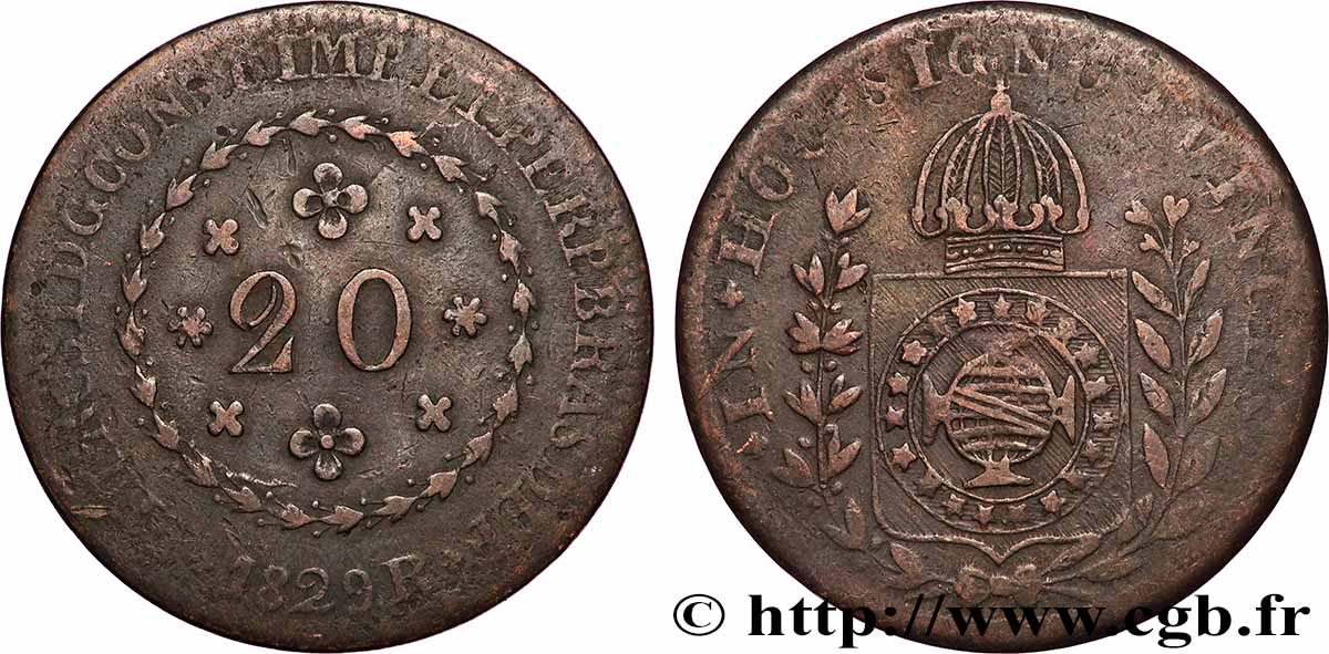 BRASIL 20 Réis Pierre Ier du Brésil 1829 Rio de Janeiro BC