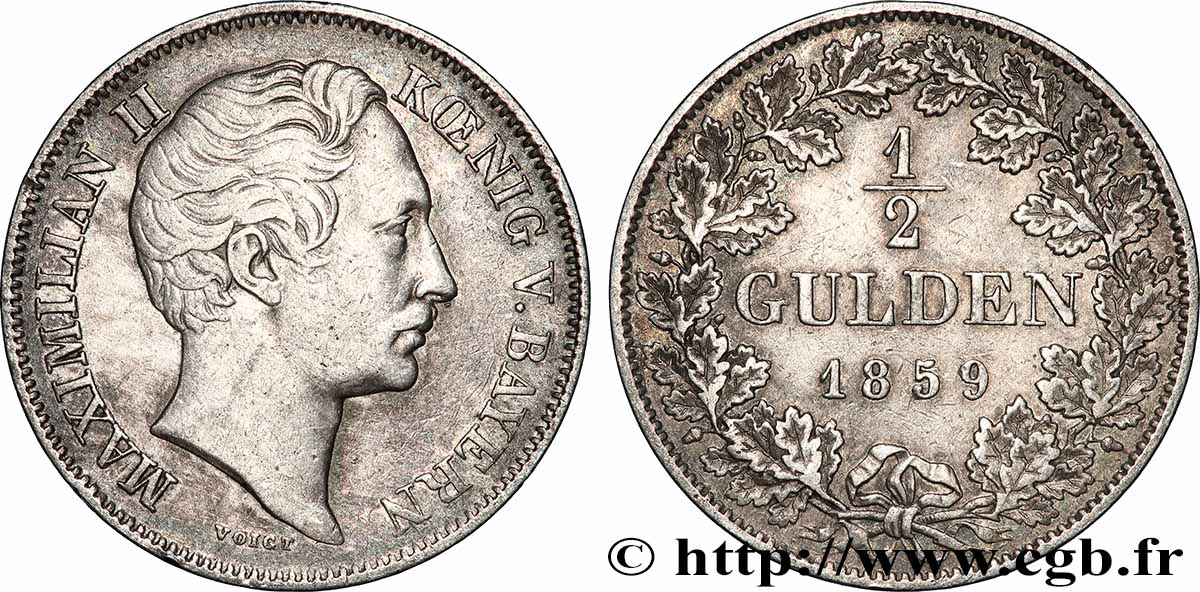 ALLEMAGNE - ROYAUME DE BAVIÈRE - MAXIMILIEN II JOSEPH 1/2 Gulden 1859 Munich TTB