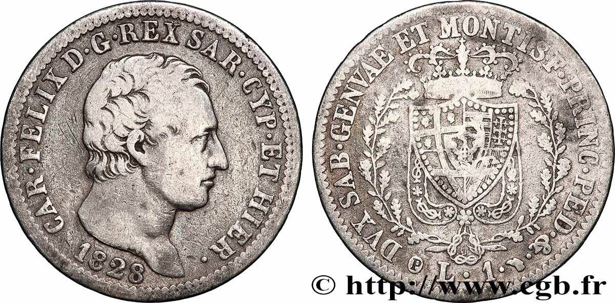 ITALIEN - KÖNIGREICH SARDINIEN 1 Lire Charles-Félix 1828 Turin fSS/SS