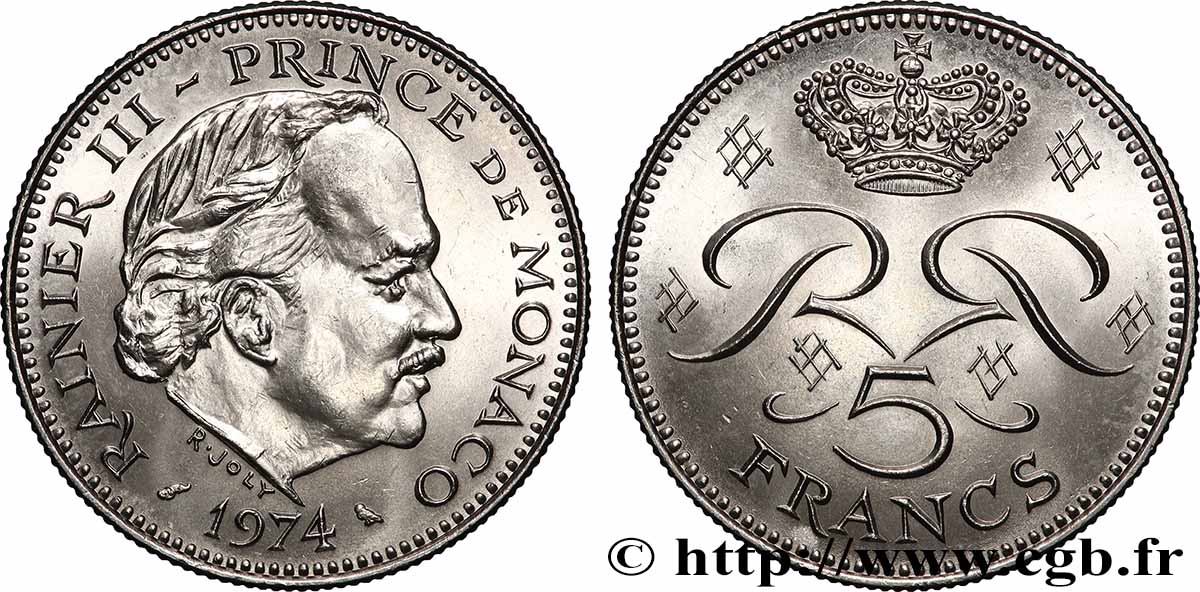 MONACO 5 Francs Rainier III 1974 Paris SPL