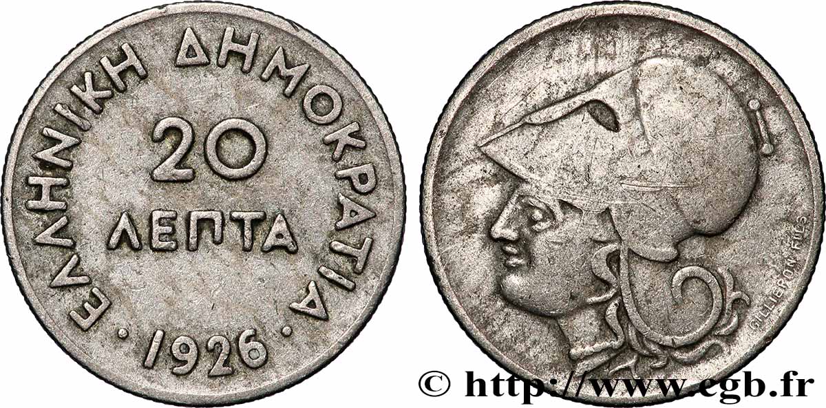GRECIA 20 Lepta Athéna 1926 BB