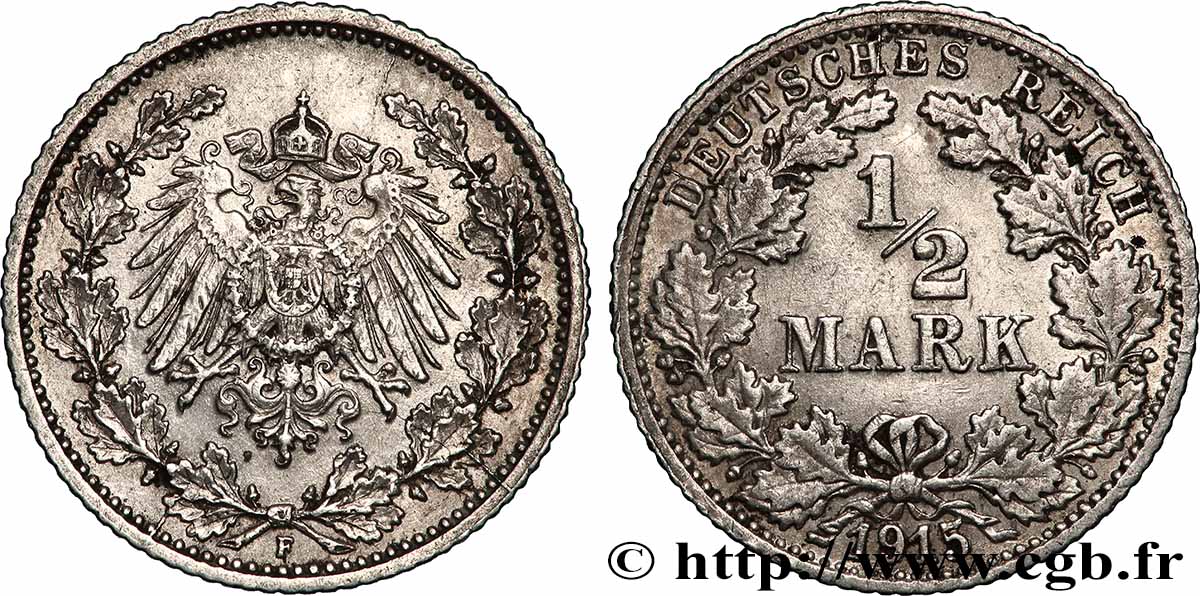 GERMANIA 1/2 Mark Empire aigle impérial 1915 Stuttgart - F q.SPL