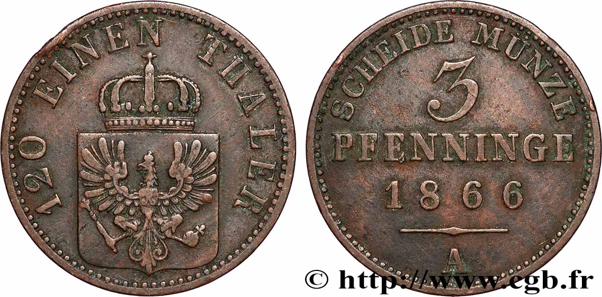 GERMANY - PRUSSIA 3 Pfenninge Royaume de Prusse 1866 Berlin AU