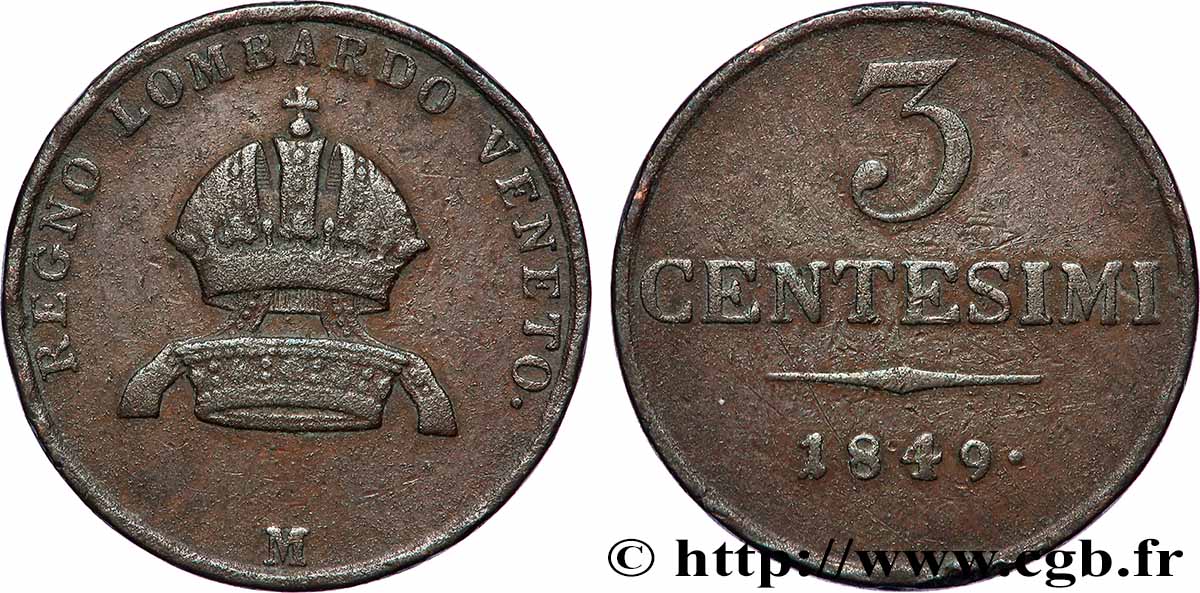 ITALIA - LOMBARDIA-VENETO 3 Centesimi 1849 Milan q.BB