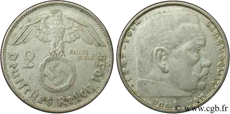 ALLEMAGNE 2 Reichsmark Maréchal Paul von Hindenburg 1938 Vienne - B TTB 
