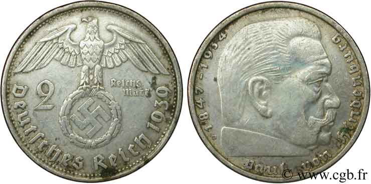 ALLEMAGNE 2 Reichsmark aigle surmontant une swastika / Maréchal Paul von Hindenburg 1939
 Vienne - B TTB 