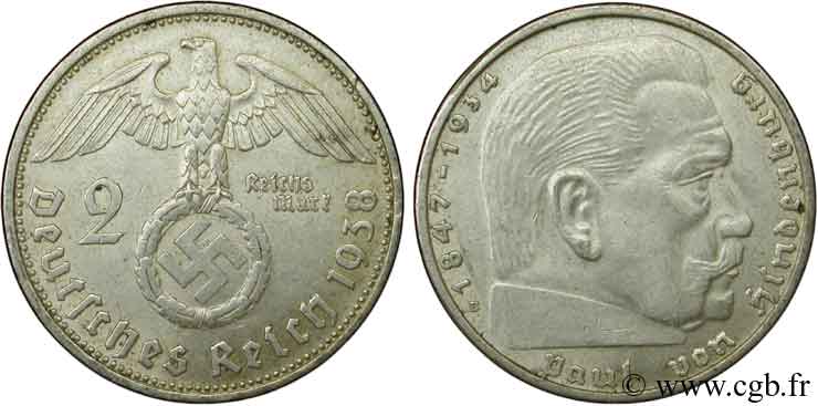 ALLEMAGNE 2 Reichsmark Maréchal Paul von Hindenburg 1938 Vienne - B SUP 