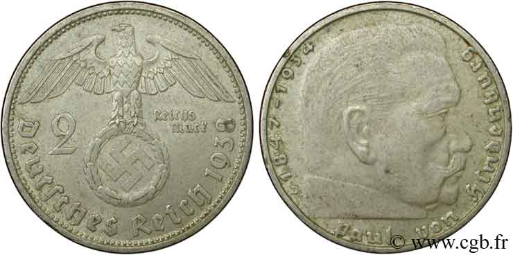 ALLEMAGNE 2 Reichsmark aigle surmontant une swastika / Maréchal Paul von Hindenburg 1938 Munich - D SUP 