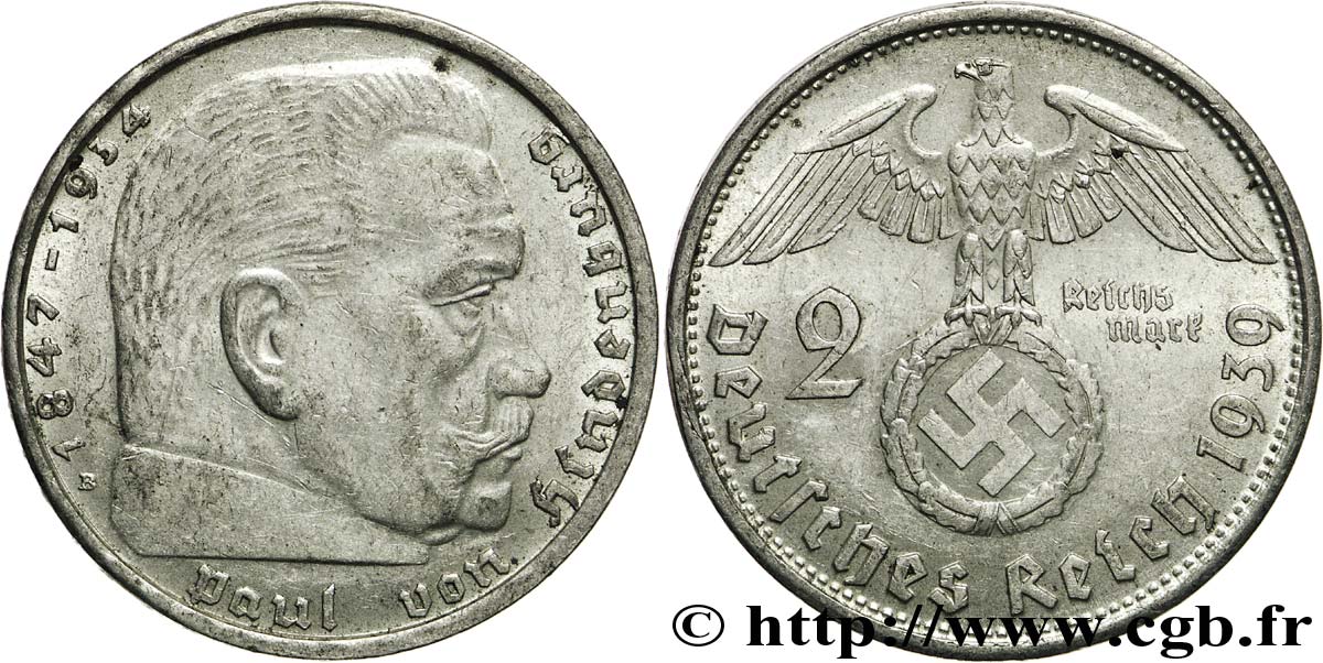 ALLEMAGNE 2 Reichsmark aigle surmontant une swastika / Maréchal Paul von Hindenburg 1939 Muldenhütten - E SUP 