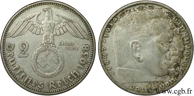ALLEMAGNE 2 Reichsmark aigle surmontant une swastika / Maréchal Paul von Hindenburg 1938 Muldenhütten - E TTB 