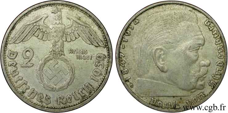 ALLEMAGNE 2 Reichsmark aigle surmontant une swastika / Maréchal Paul von Hindenburg 1939 Karlsruhe - G TTB 