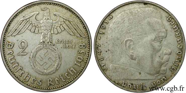 ALLEMAGNE 2 Reichsmark aigle surmontant une swastika / Maréchal Paul von Hindenburg 1938 Hambourg - J TTB 