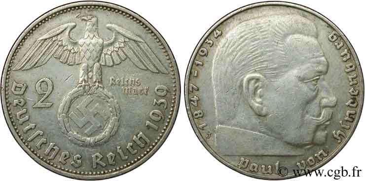 ALLEMAGNE 2 Reichsmark aigle surmontant une swastika / Maréchal Paul von Hindenburg 1939 Hambourg - J TTB 