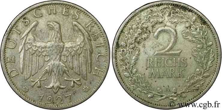 ALLEMAGNE 2 Reichsmark aigle 1927 Berlin SUP 