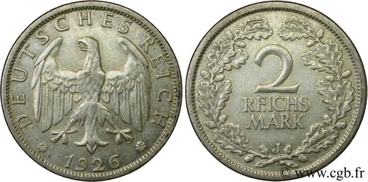 ALLEMAGNE 2 Reichsmark aigle 1926 Hambourg - J SUP 