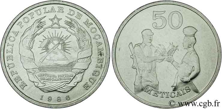 MOZAMBIQUE 50 Meticais emblème de la république populaire / soldat et paysanne 1986  SPL 