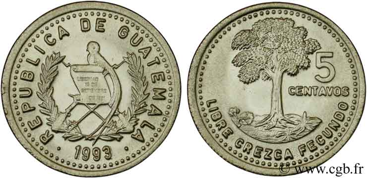GUATEMALA 5 Centavos emblème au quetzal / arbre 1993  SPL 