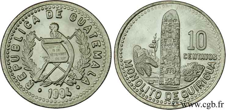 GUATEMALA 10 Centavos emblème au quetzal / monolithe maya de Quirigua 1994  SPL 