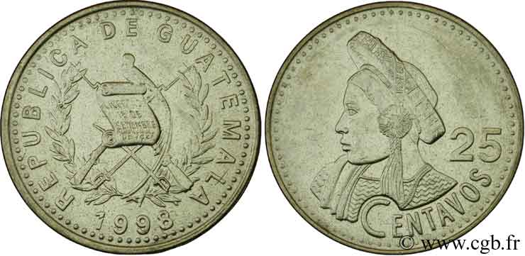 GUATEMALA 25 Centavos emblème au quetzal / femme portant la coiffe traditionelle 1998  SPL 