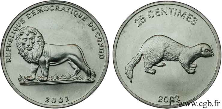 RÉPUBLIQUE DÉMOCRATIQUE DU CONGO 25 Centimes Lion / belette 2002  SPL 