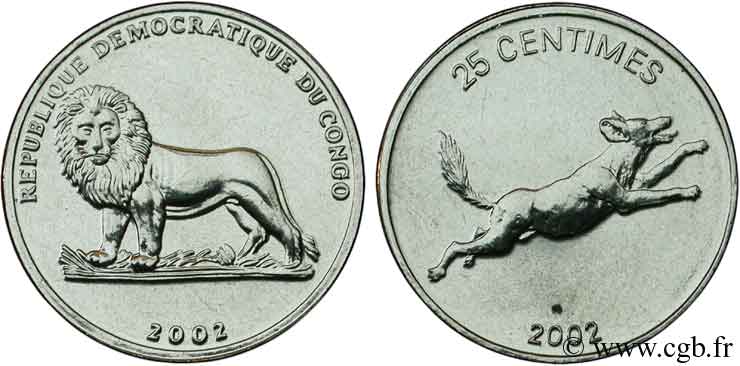 RÉPUBLIQUE DÉMOCRATIQUE DU CONGO 25 Centimes Lion / chien sauvage 2002  SPL 