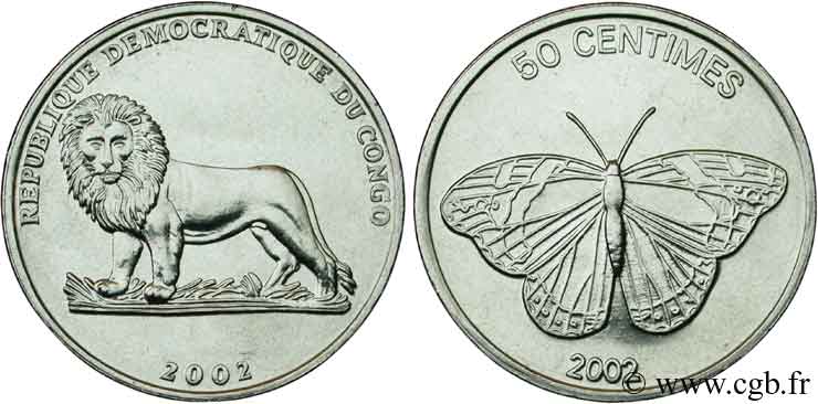 RÉPUBLIQUE DÉMOCRATIQUE DU CONGO 50 Centimes Lion / Papillon 2002  SPL 