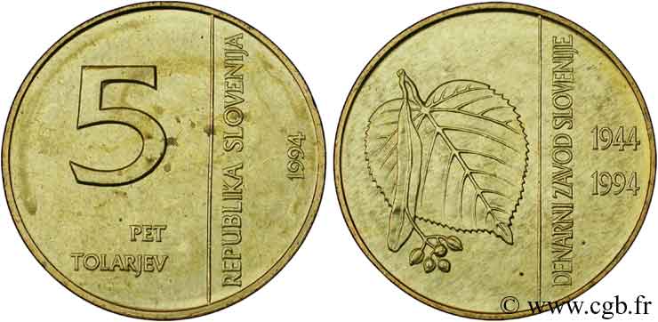 SLOVÉNIE 5 Tolarjev 50e anniversaire de l’Institut Monétaire Slovène 1994  SPL 