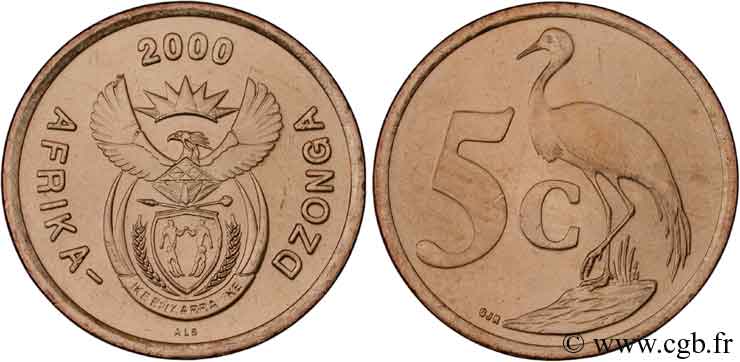 AFRIQUE DU SUD 5 Cents emblème / grue bleue 2000  SPL 