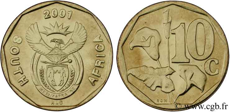 AFRIQUE DU SUD 10 Cents emblème / fleurs 2001  SPL 