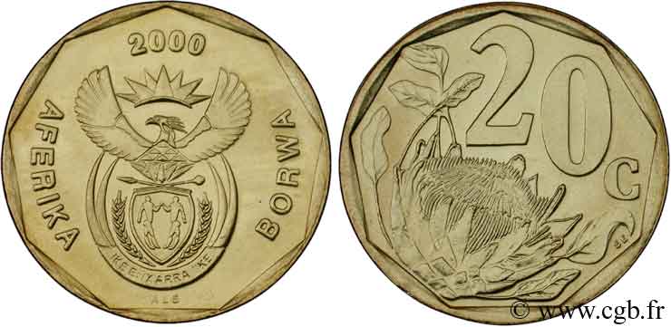 AFRIQUE DU SUD 20 Cents emblème / fleur 2000  SPL 
