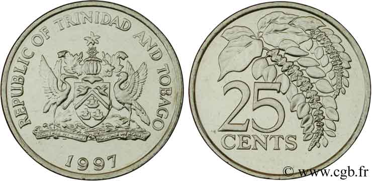 TRINIDAD et TOBAGO 25 Cents emblème / chaconia, fleur emblème de Trinidad 1997  SPL 