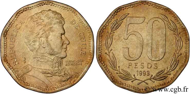 CHILI 50 Pesos Bernardo O’Higgins 1993 Santiago - S° SPL 