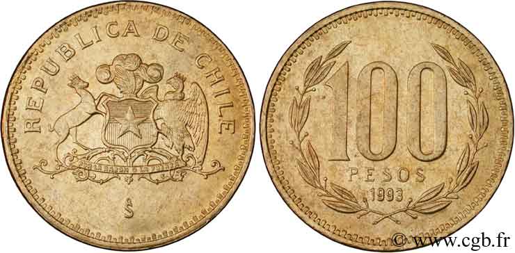 CHILI 100 Pesos emblème 1993 Santiago - S° SPL 