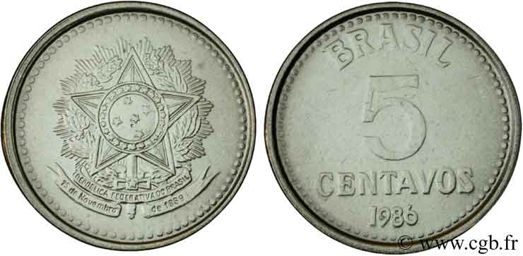 BRÉSIL 5 Centavos emblème 1986  SPL 