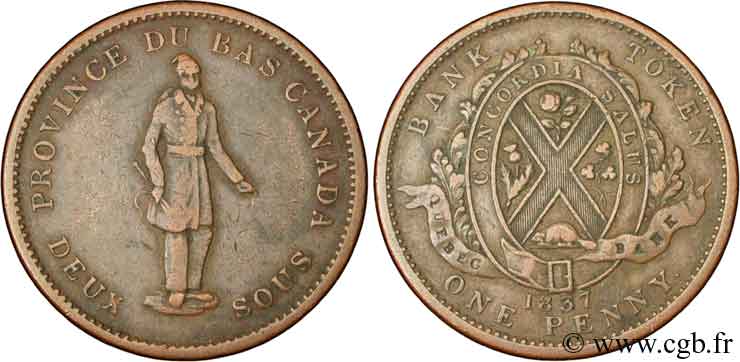 CANADA 2 Sous (1 Penny) Province du Bas Canada, Québec 1837 Boulton & Watt TTB 