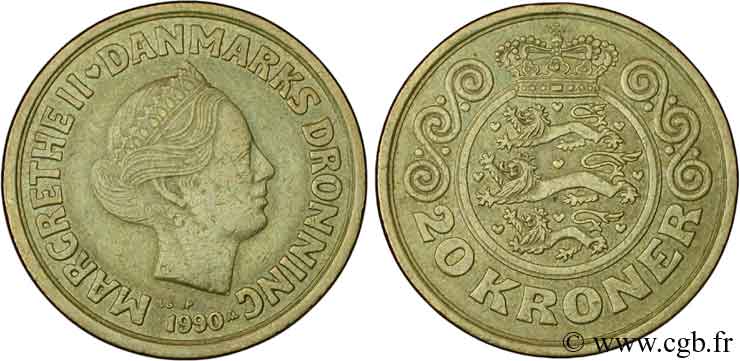 DANEMARK 20 kroner reine Margrethe II 1990  TTB 