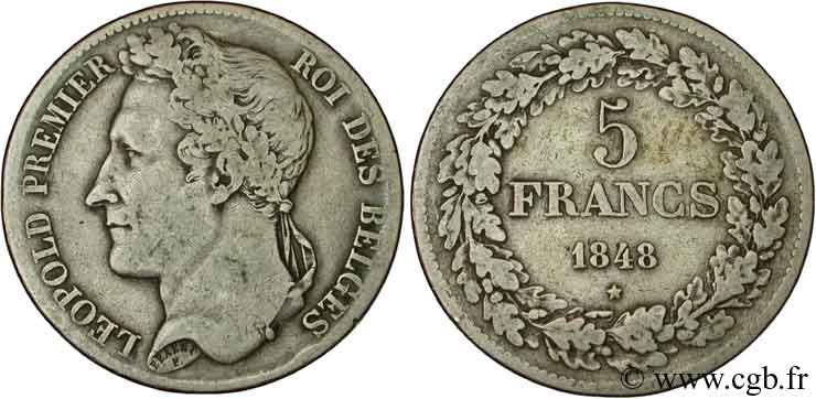BELGIQUE 5 Francs Léopold Ier tête laurée 1848  TB 